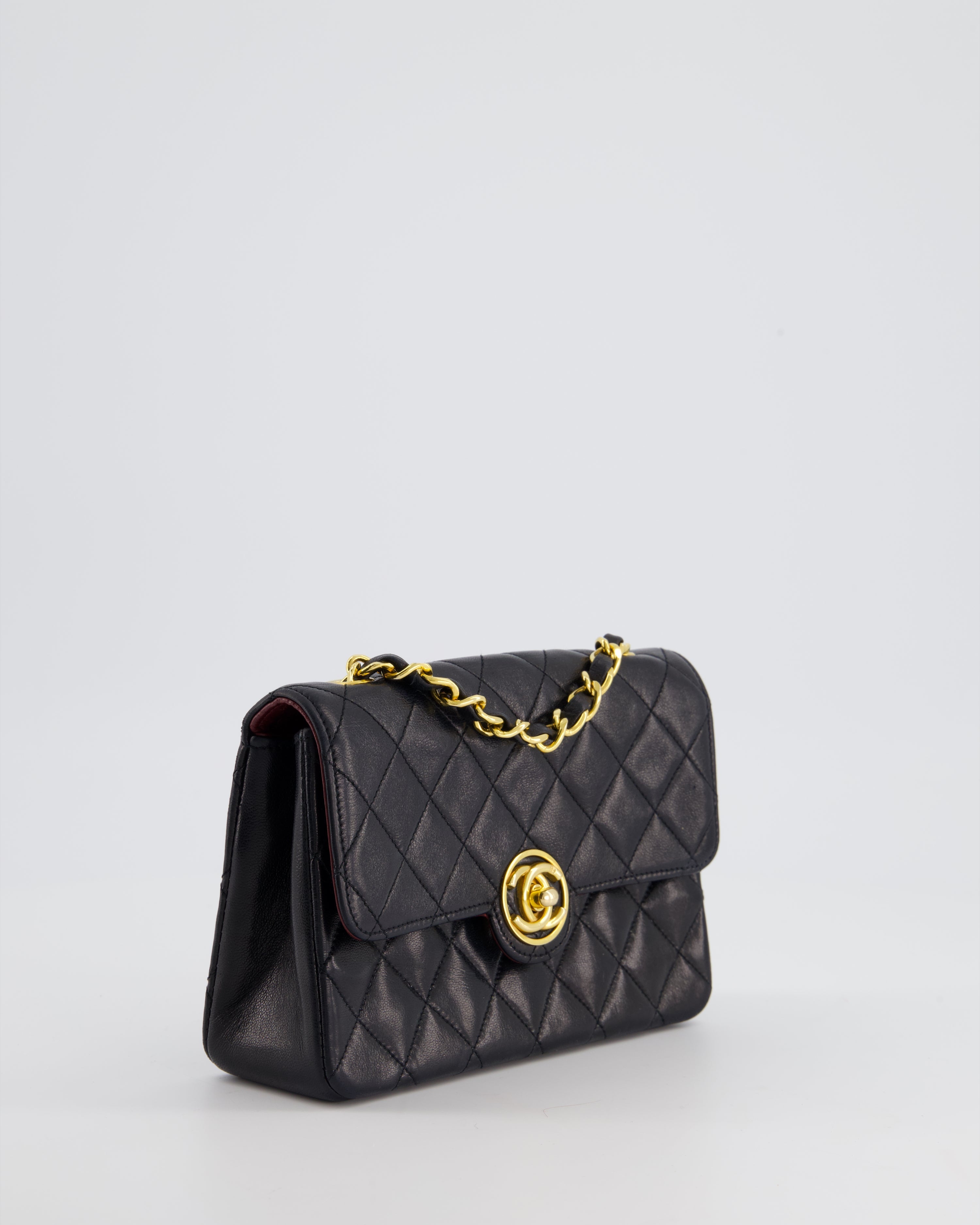 Chanel Vintage Black Mini Rectagular Single Flap Bag in Lambskin Leather and 24K Gold Hardware