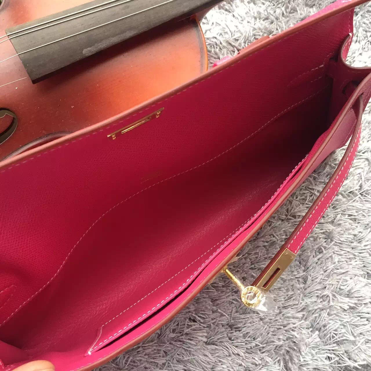 Hermes Rose Red Handcrafted Kelly Cut Clutch