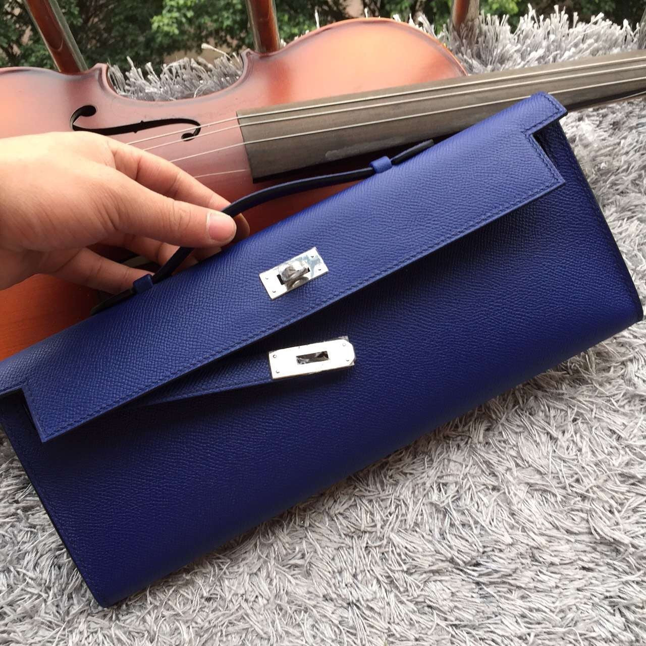 Hermes Blue Handcrafted Kelly Cut Clutch