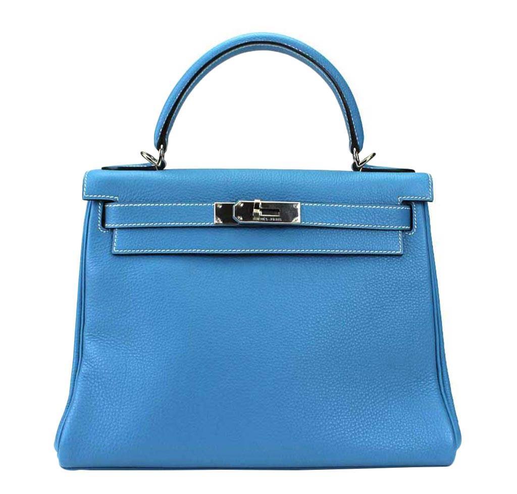 Hermès Kelly 28 Blue Jean Togo Bag Palladium