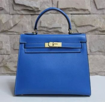 Hermes Kelly 28cm Epsom Leather Handbag Lake Blue Gold