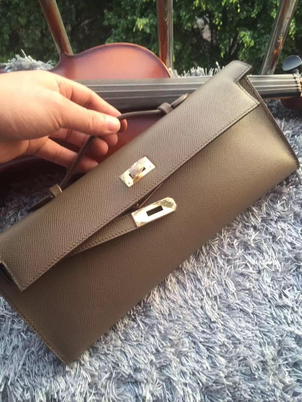 Hermes Etain Handcrafted Kelly Cut Clutch