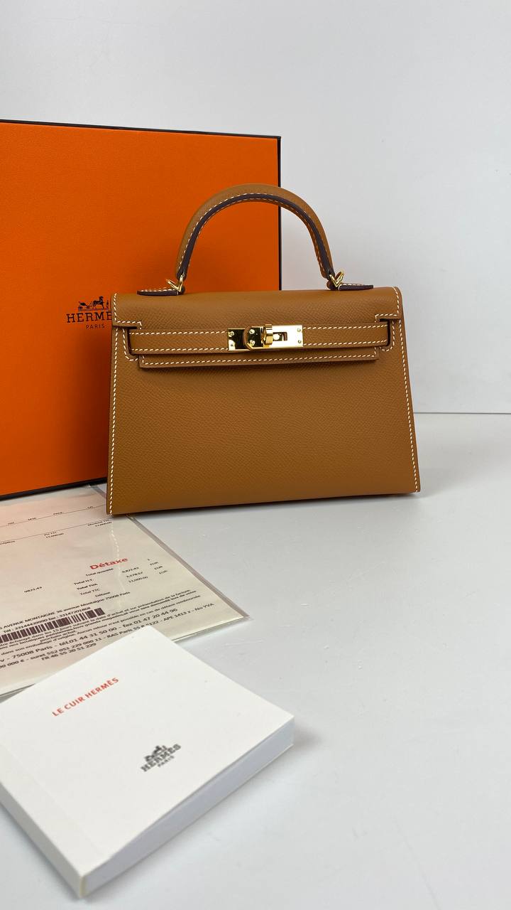 Hermes Kelly 20 Mini Sellier Bag brown Epsom Gold Hardware