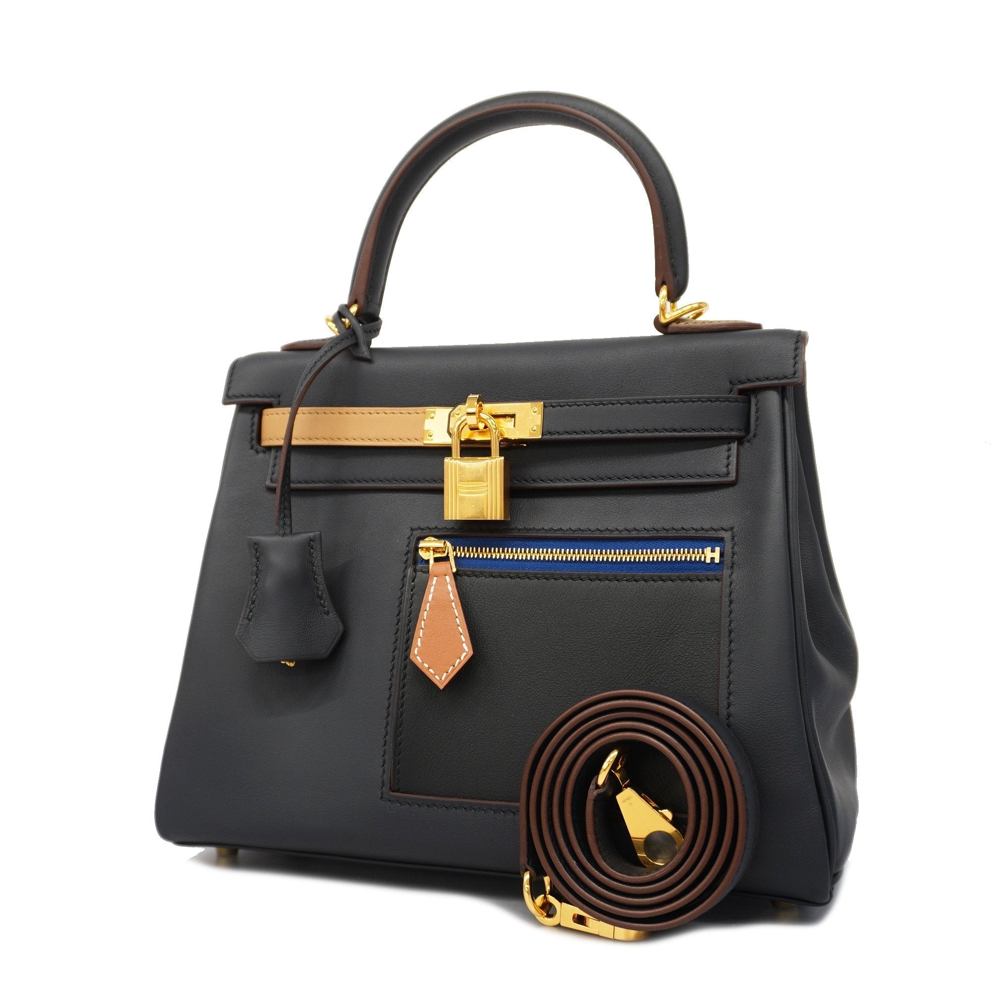 Hermes 2way Bag Kelly 25 Colormatic U Engraved Swift Blue/Black/Chai/Etoupe/Gold Gold metal