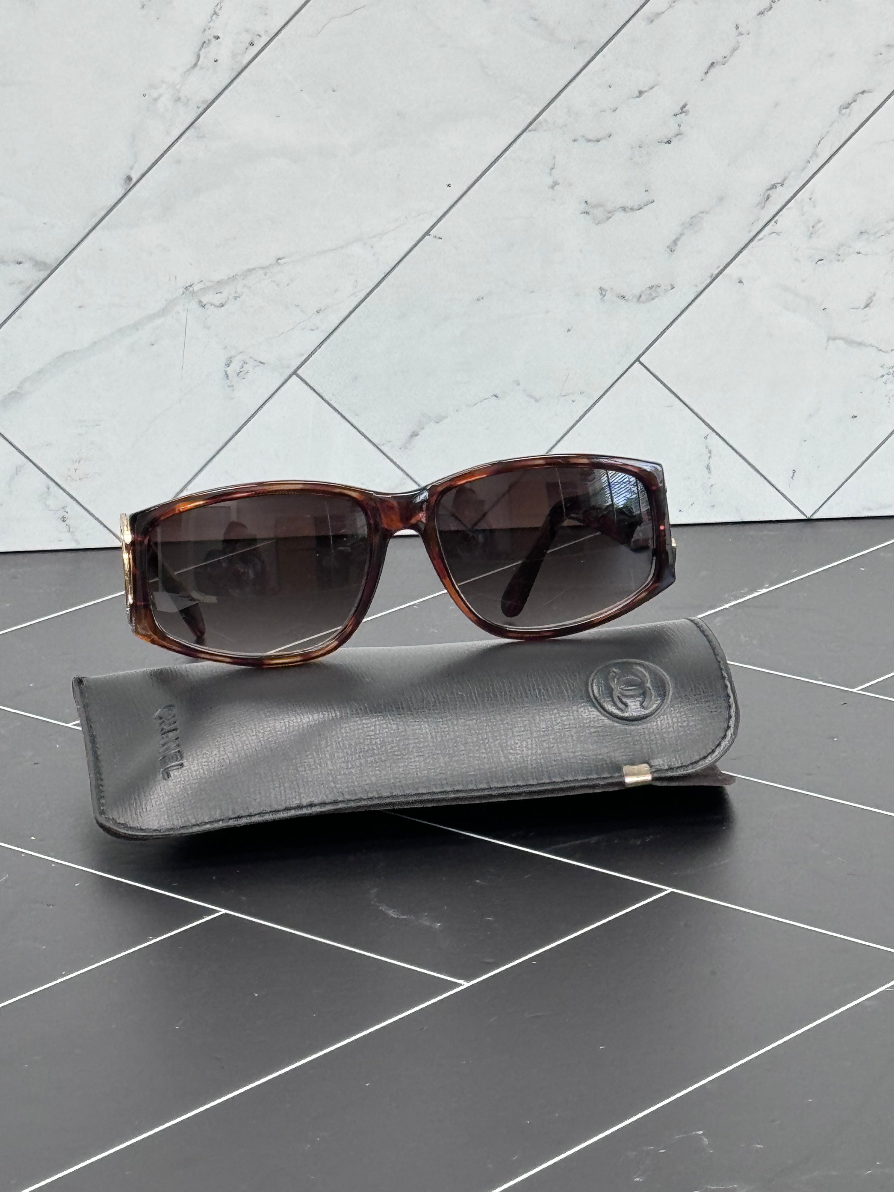 Chanel Brown and Gold Logo Sunglasses