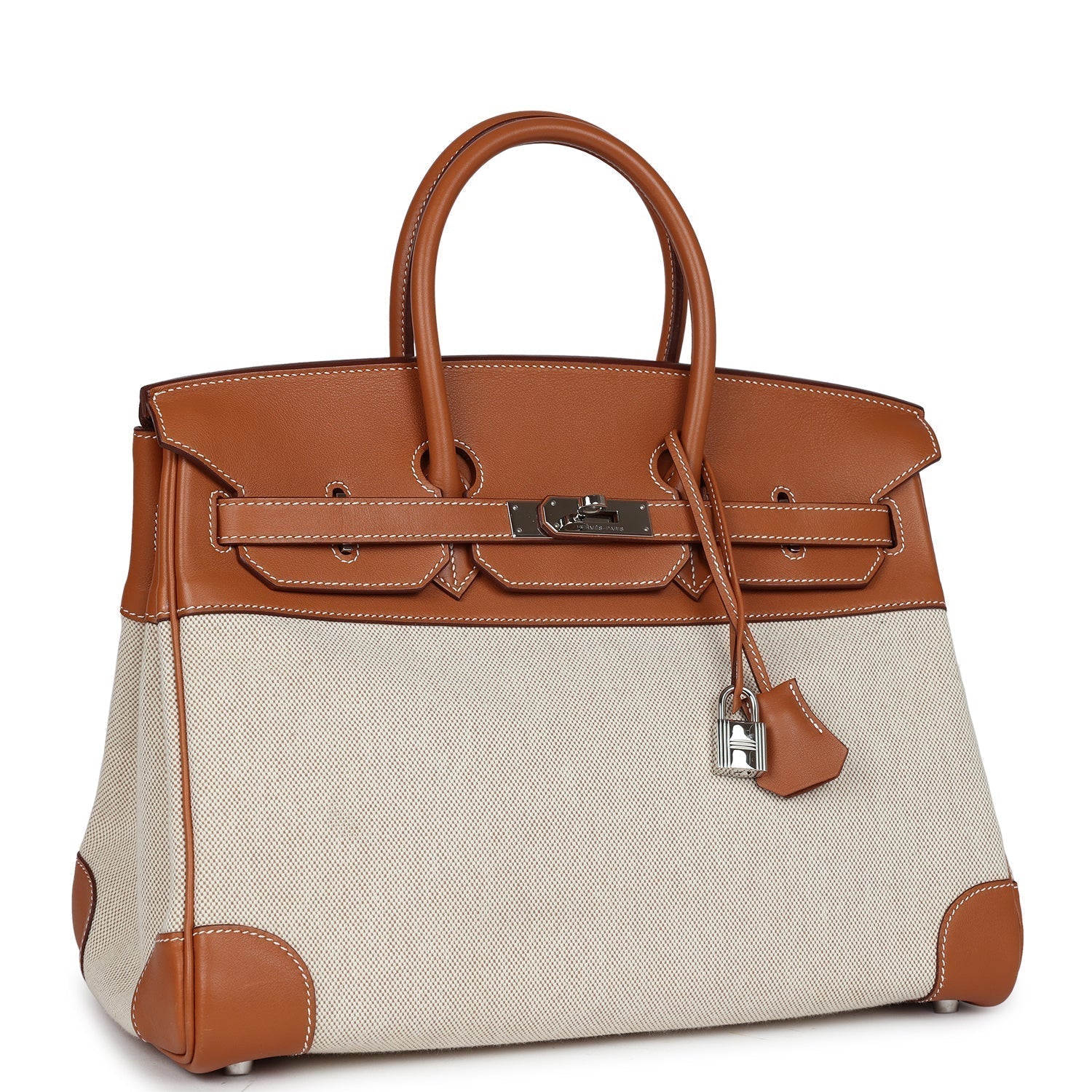 Hermes Birkin 35 Toile H and Fauve Barenia Palladium Hardware