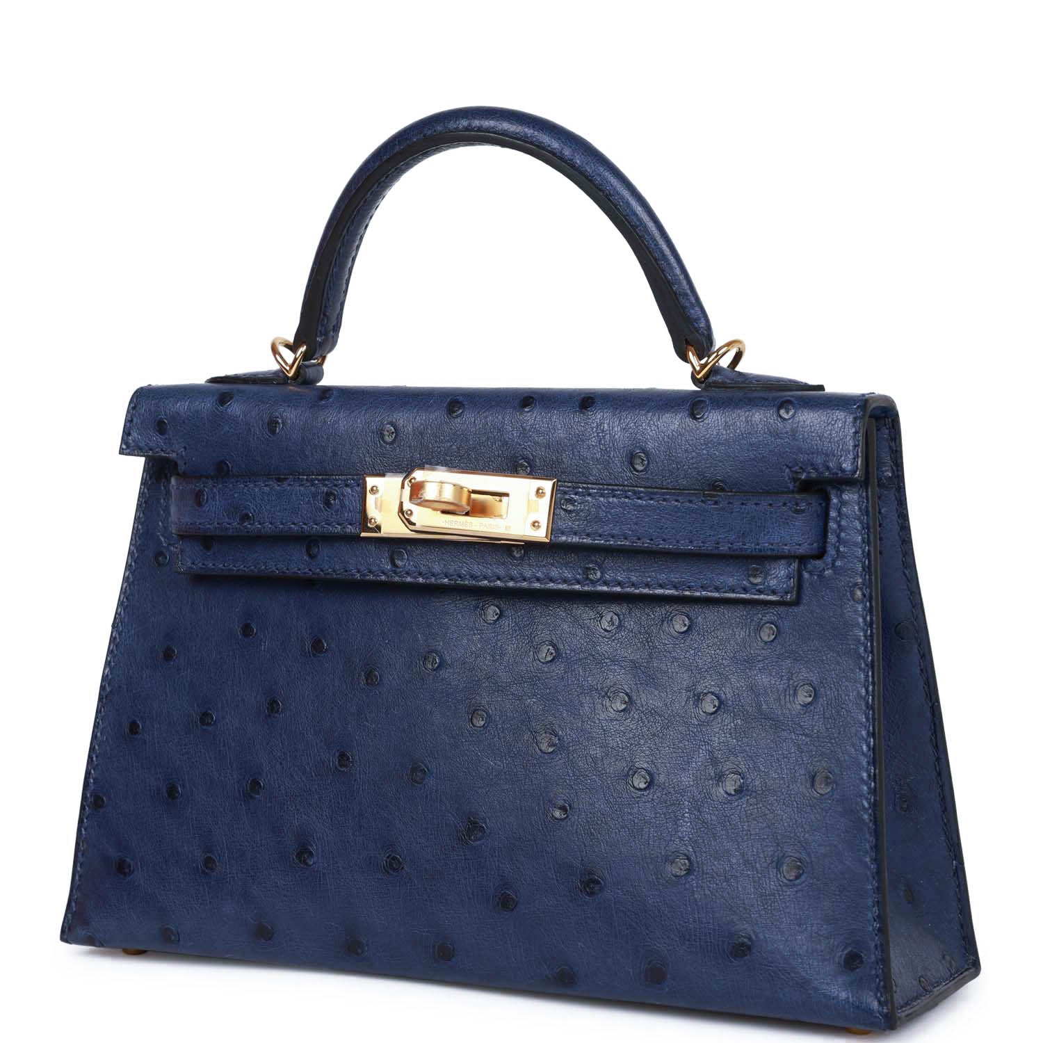 Hermes Kelly 20 Bleu Saphir Ostrich Gold Hardware