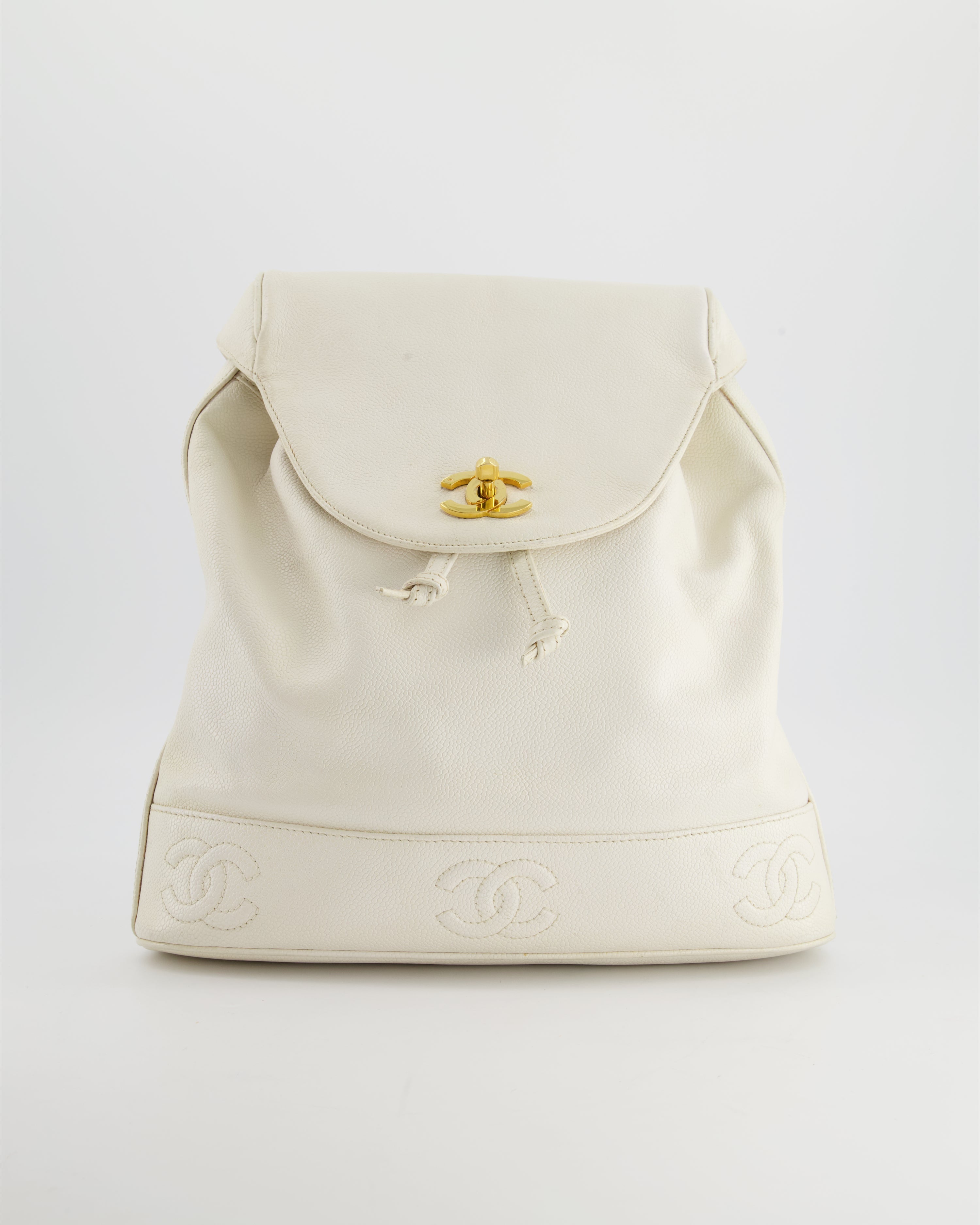 Chanel Vintage White Caviar Backpack Bag with 24k Gold Hardware