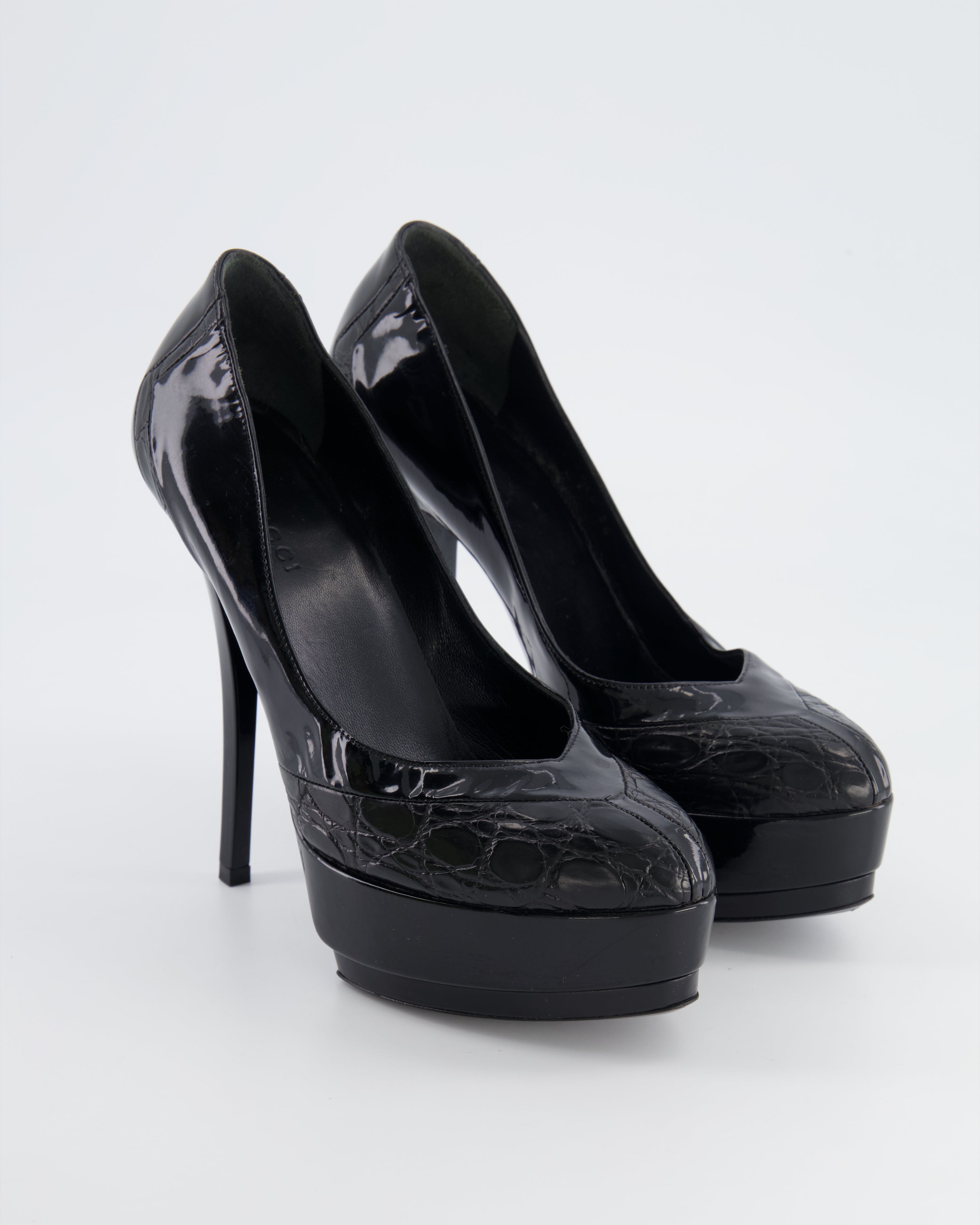 Gucci Black Patent Croc Embossed Platform Heels Size EU 36