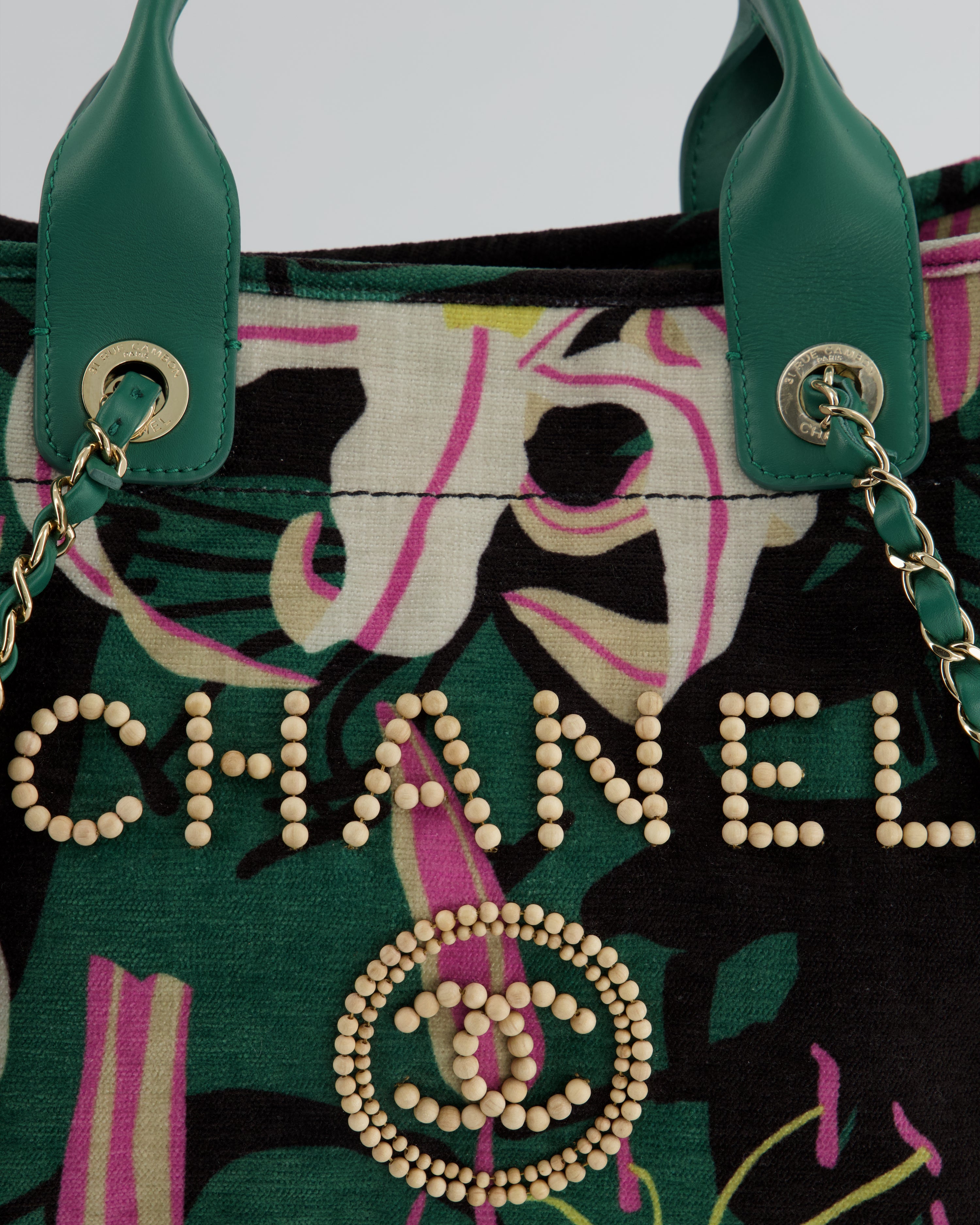 Chanel Métiers D'Art Spring / Summer 2023 Printed Velvet Small Deauville Tote Bag with Wooden Pearls and Champagne Gold Hardware