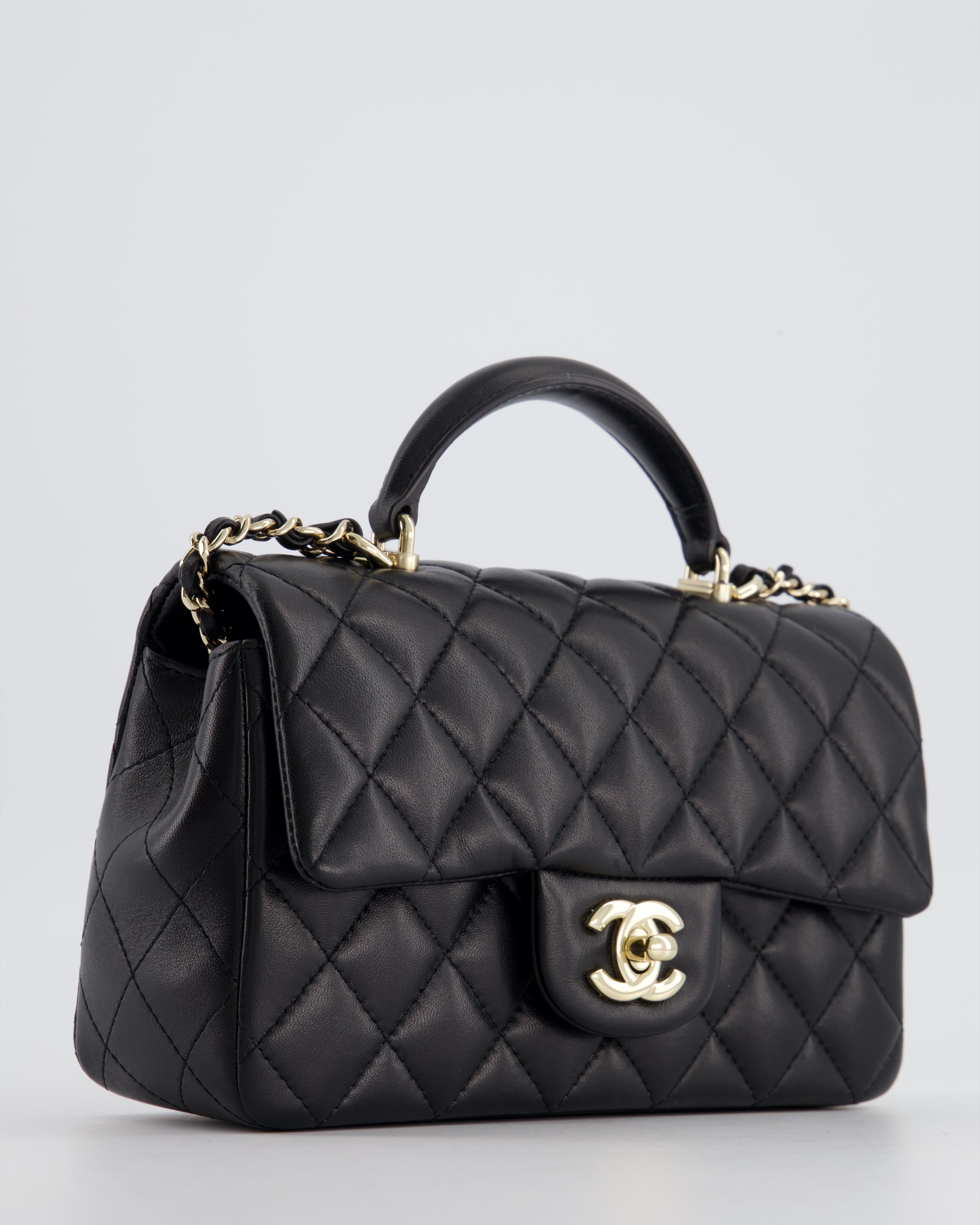 Chanel Black Mini Rectangular Top Handle Flap Bag in Lambskin with Champagne Gold Hardware