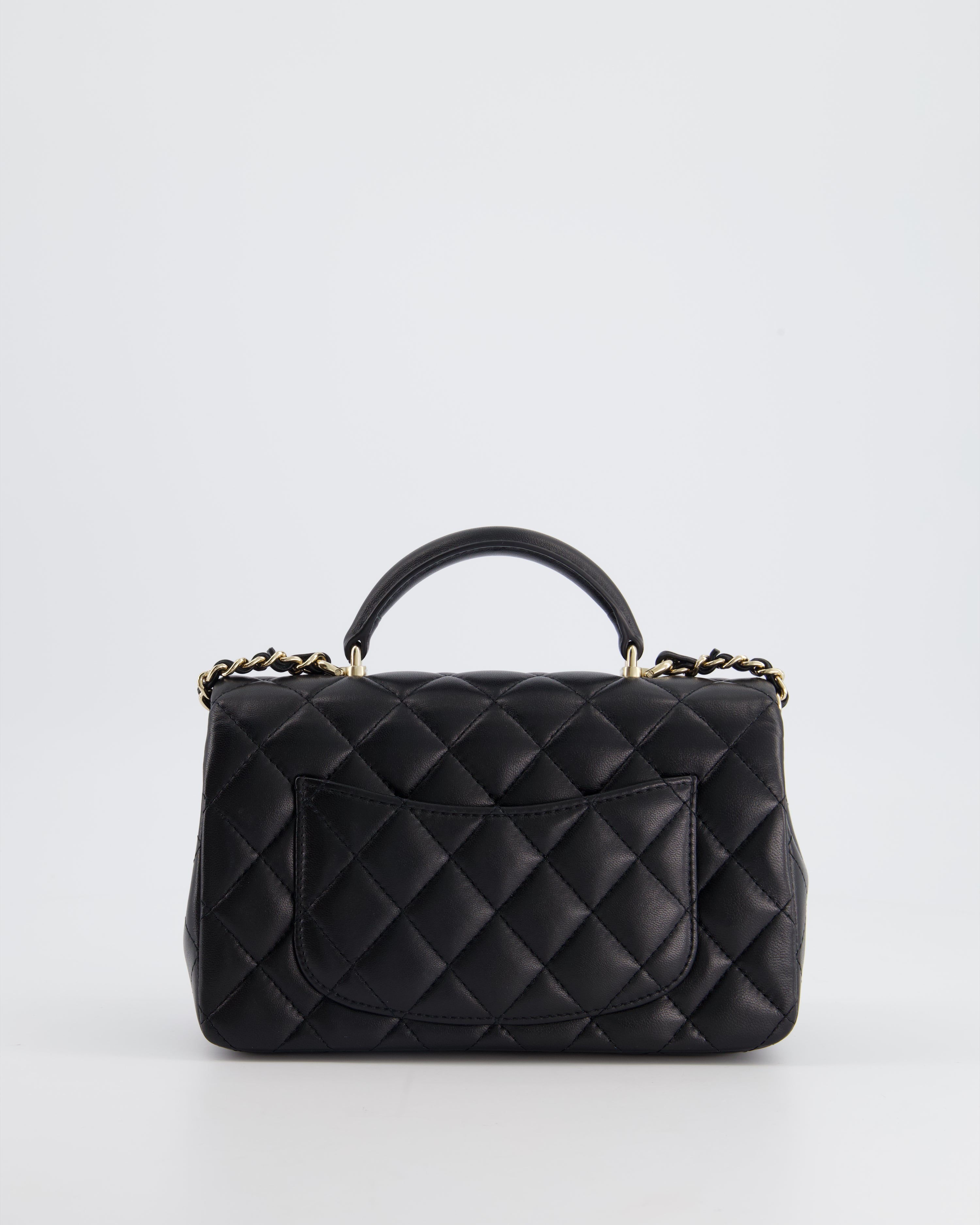 Chanel Black Mini Rectangular Top Handle Flap Bag in Lambskin with Champagne Gold Hardware