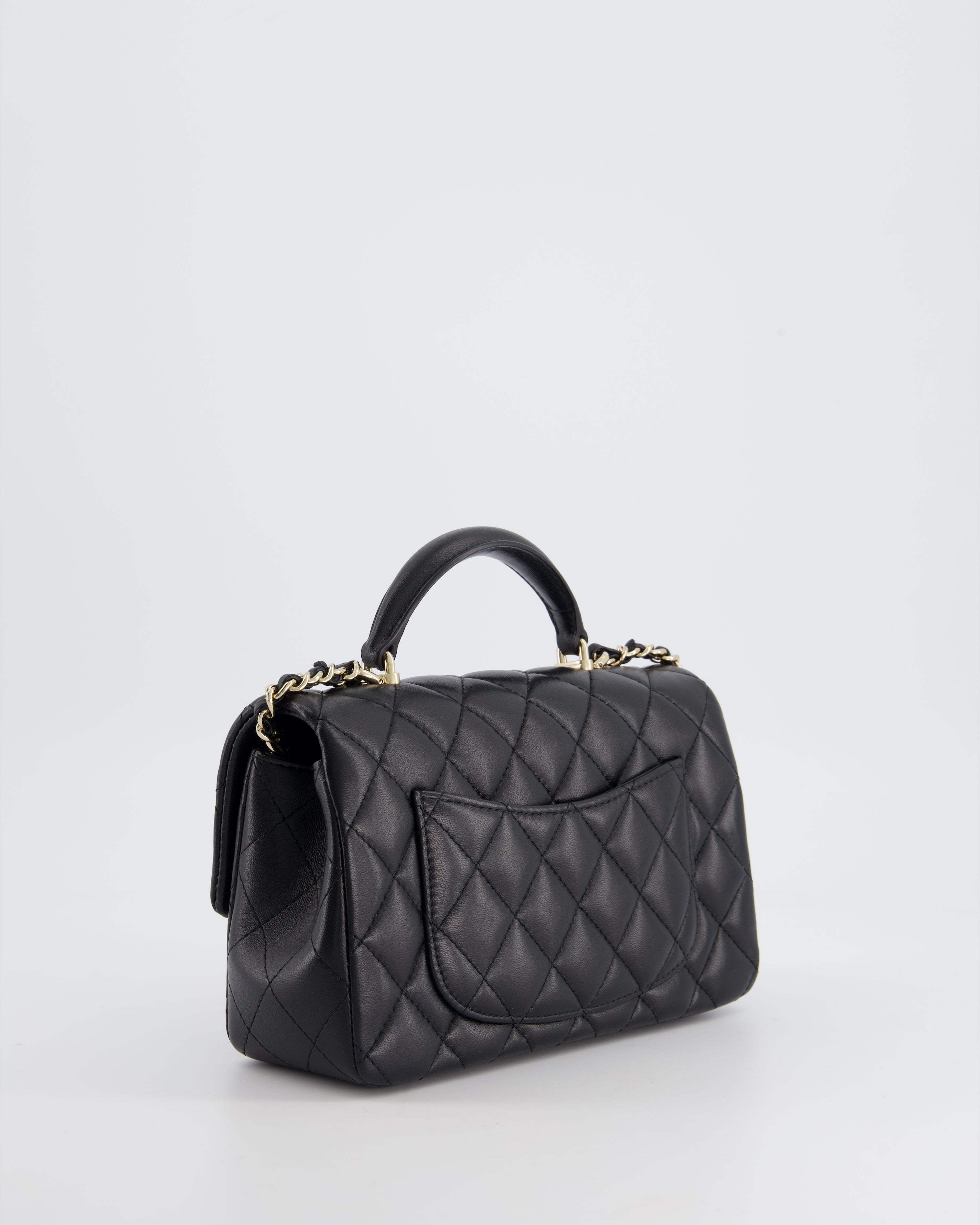 Chanel Black Mini Rectangular Top Handle Flap Bag in Lambskin with Champagne Gold Hardware