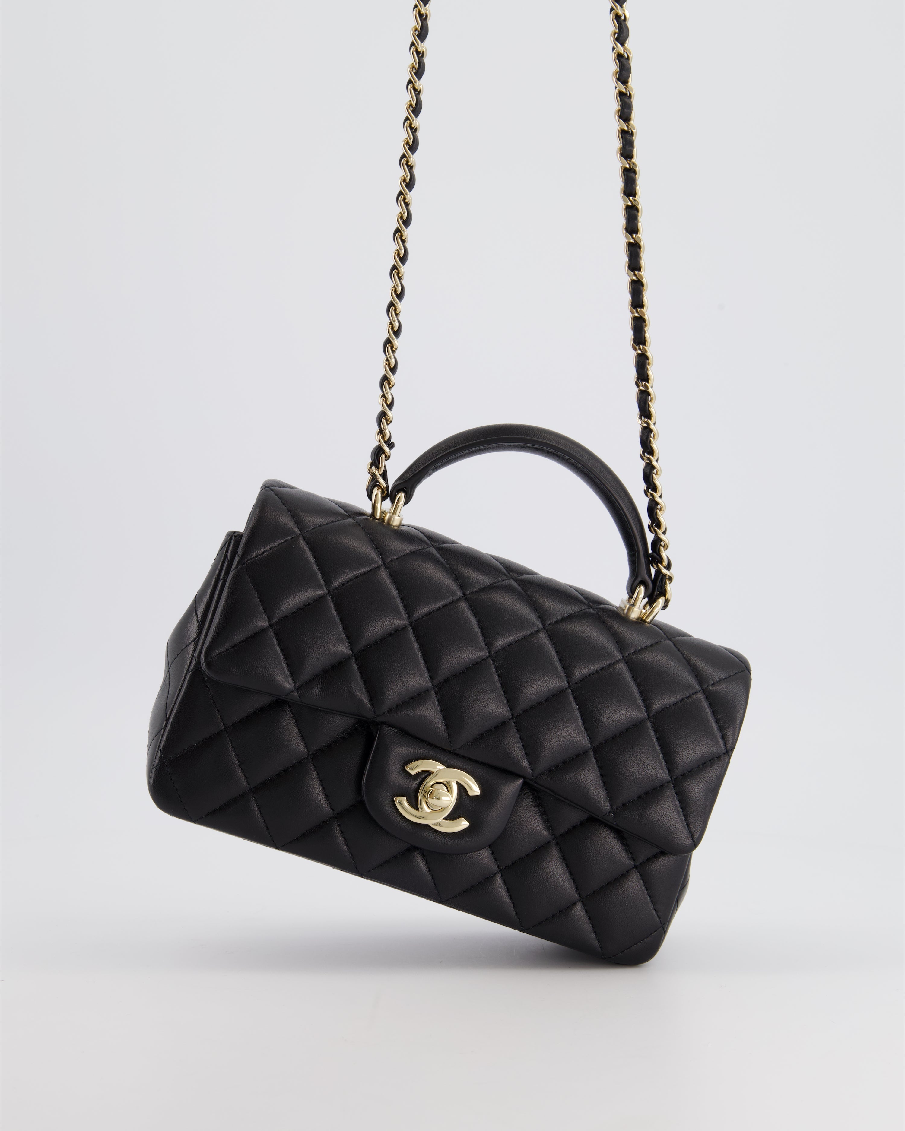 Chanel Black Mini Rectangular Top Handle Flap Bag in Lambskin with Champagne Gold Hardware