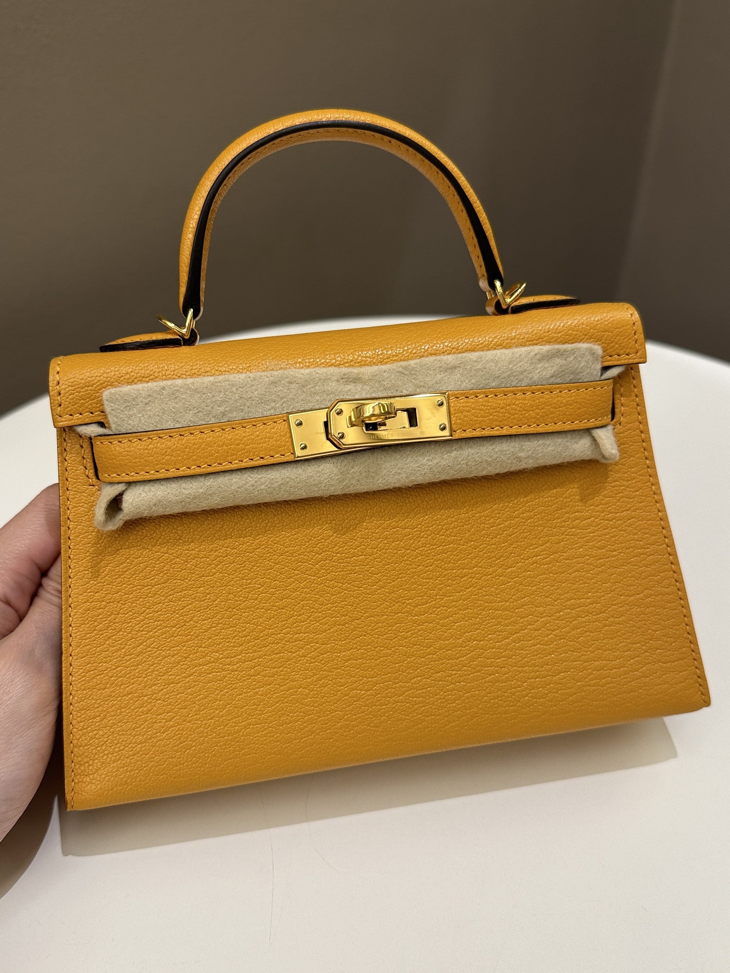 Hermes Mini Kelly 20 Moutarde Chèvre