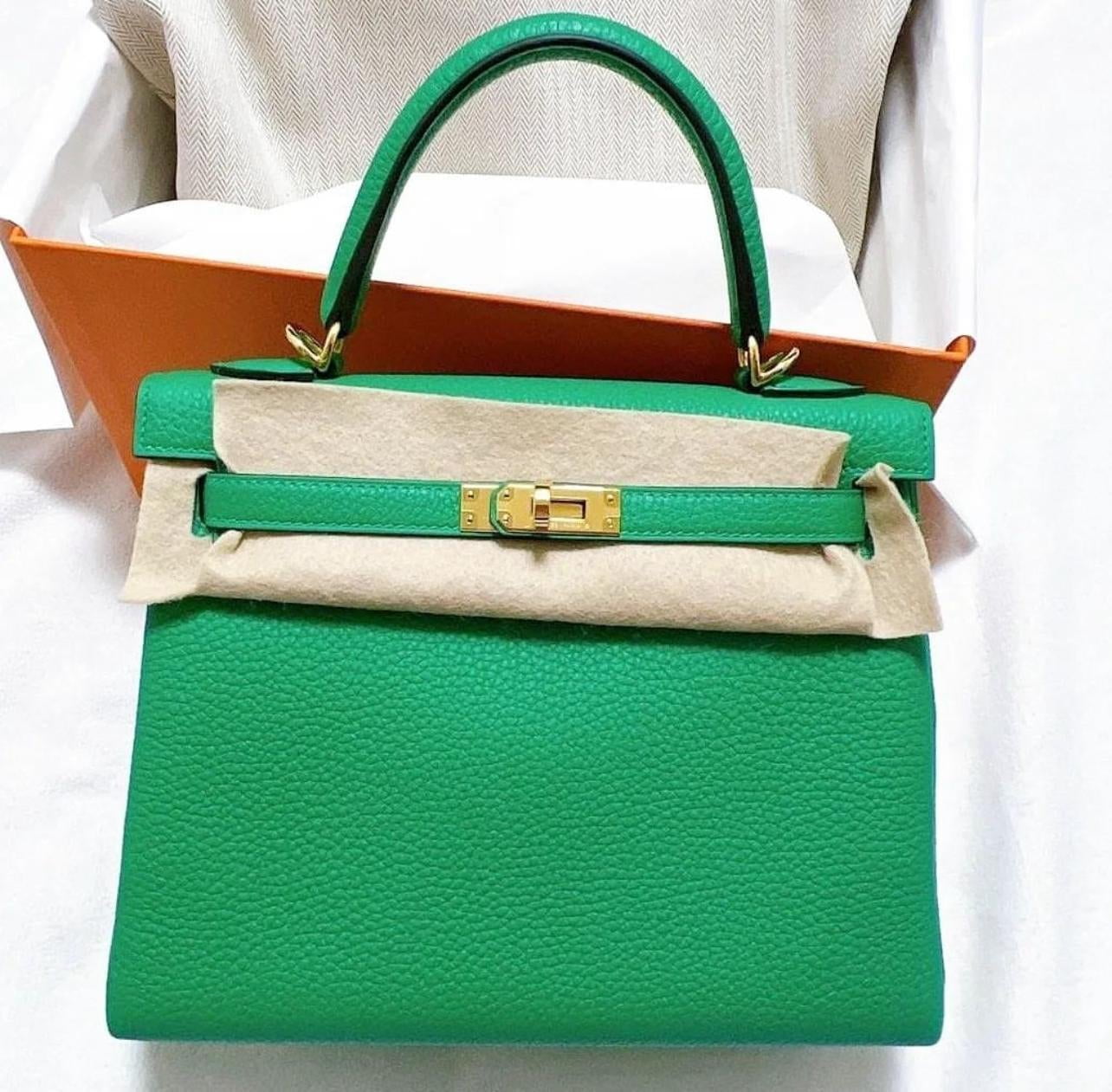 Hermes Kelly 25cm Menthe Togo GHW