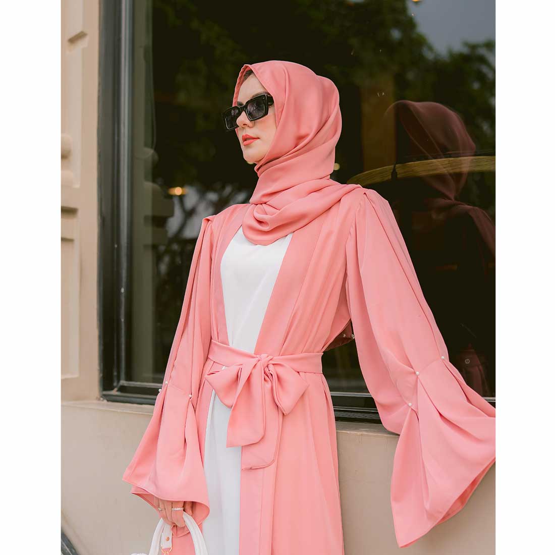 Puff Sleeves Front Open Abaya (pink)