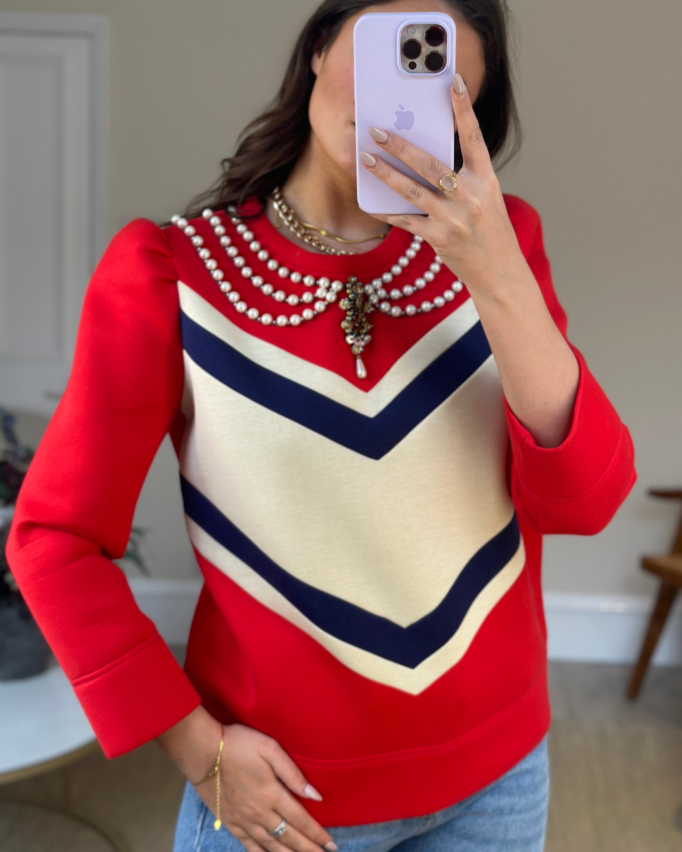 Gucci Red, Navy and Cream Jumper with Embellished Pearl Collar Detail Size L (UK 12-14)