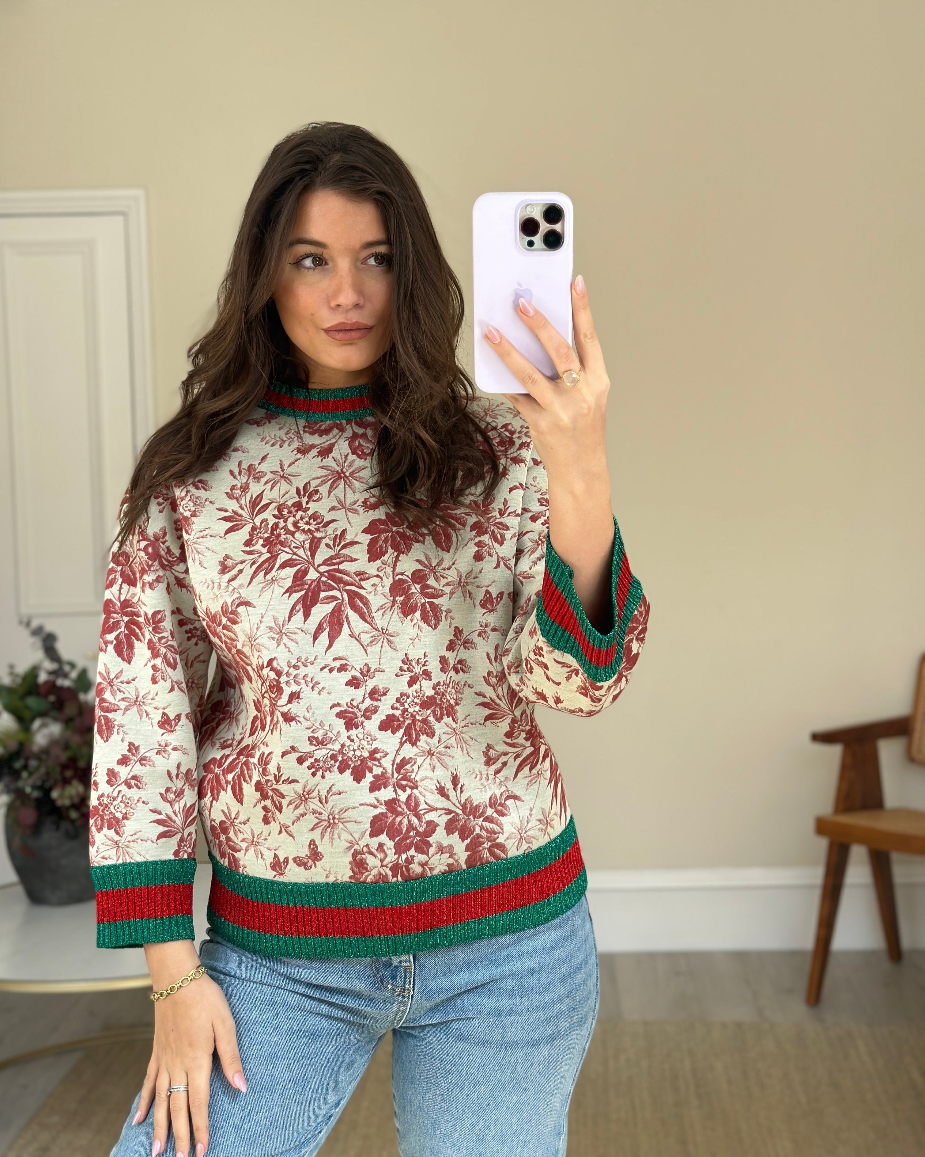 Gucci Red and Beige Floral Jumper with Metallic Red and Green Trim Size M (UK 10-12)