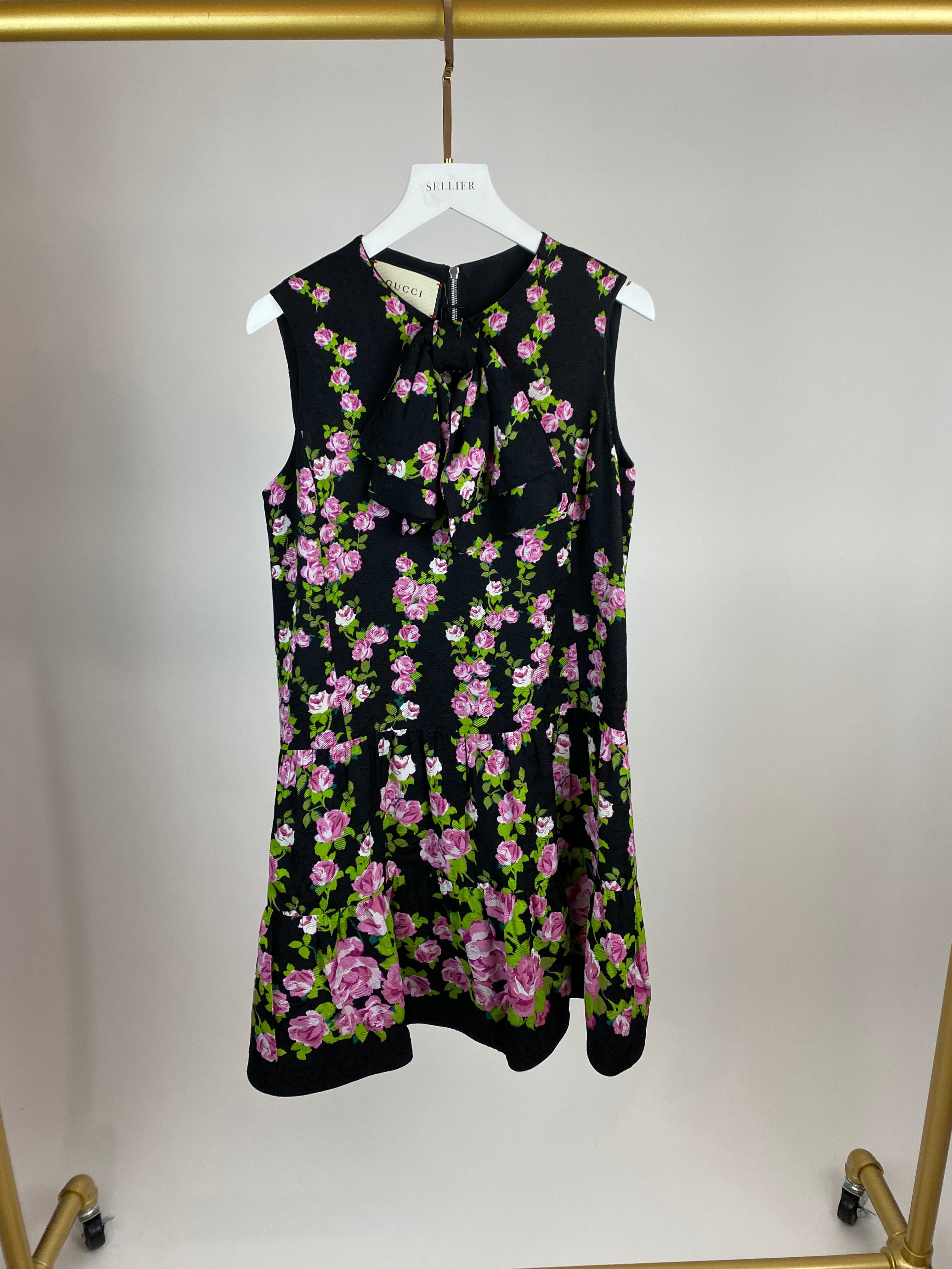 Gucci Black and Print Rose Printed Bow Dress Size IT 38 (UK 6)