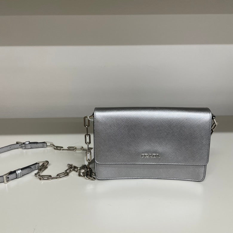Prada Saffiano Leather Crossbody Bag,Silver